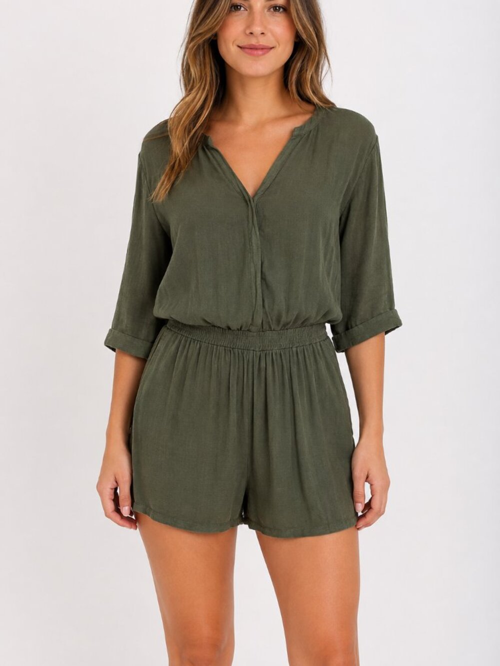 NWT Good Luck Gem Olive Green Romper Women's XL V-Neck Casual Shorts Jumpsuit